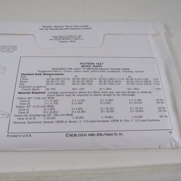 Kwik Sew 1627 clothing pattern Mens Shirt S-XLg long & short sleeve UNCUT - Picture 4 of 4